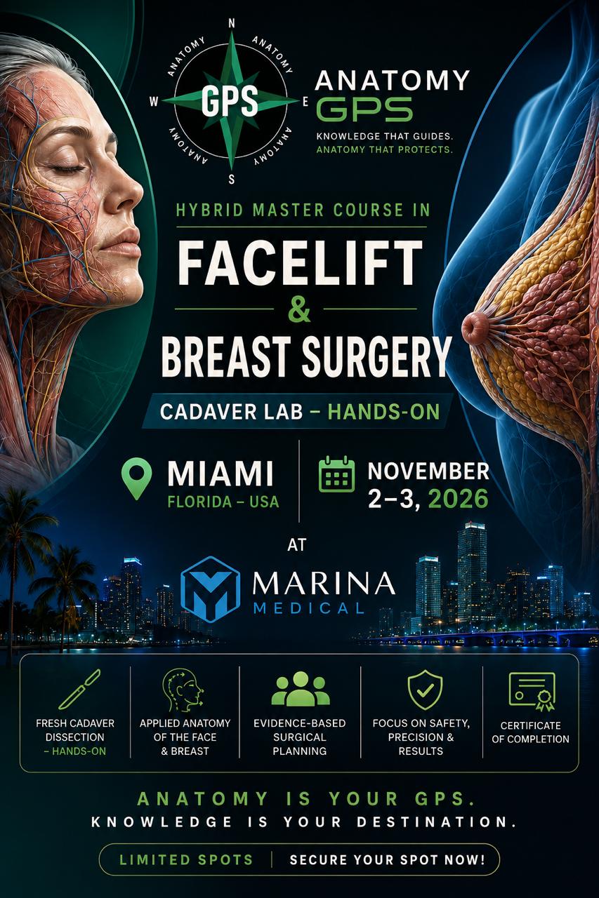 Course poster: Hybrid Master Course in Facelift & Breast Surgery, Cadaver Lab Hands-On, Miami, November 2–3, 2026, at Marina Medical